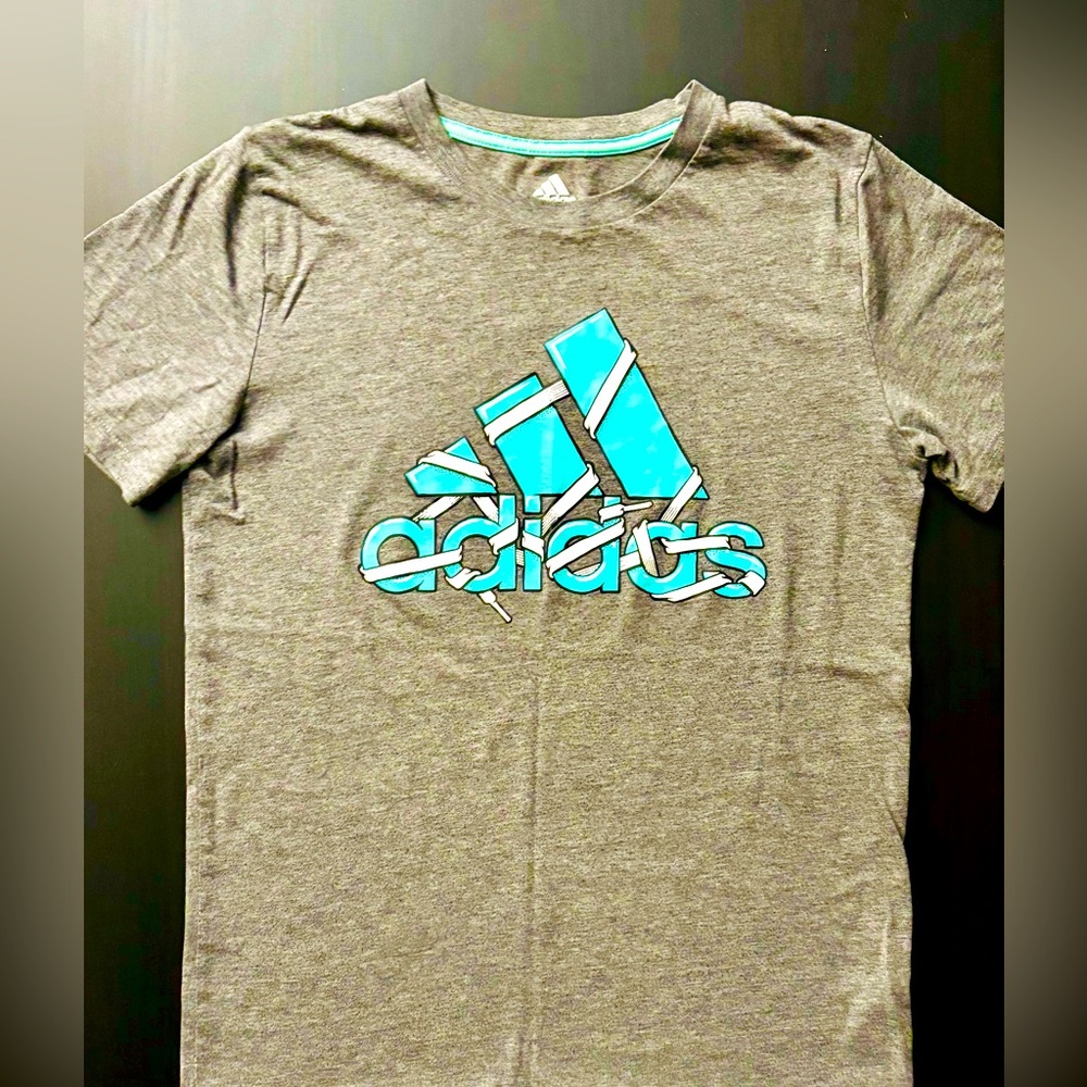 Grey Adidas Tee with Teal Laced Logo. Like New.